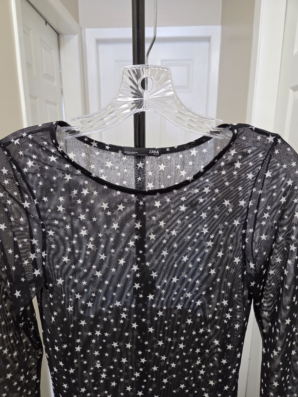 ZARA Black Sheer Star Print Mesh Top Long Sleeve Y2K Grunge Fairy Goth Layering - Picture 3 of 7